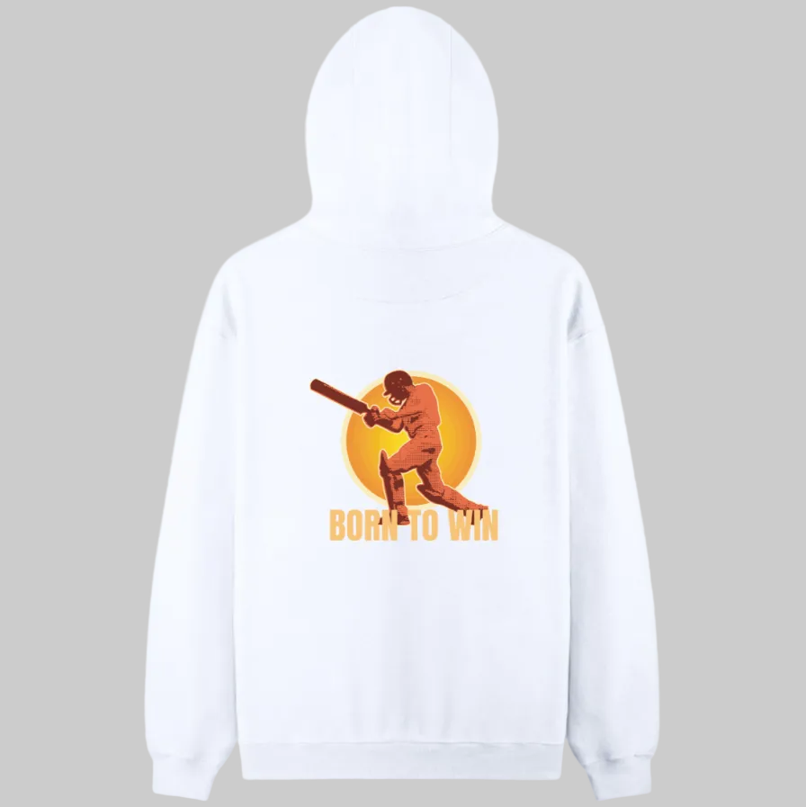 White hoodie with a graphic of a baseball player and 'Born to Win' text on a beige background