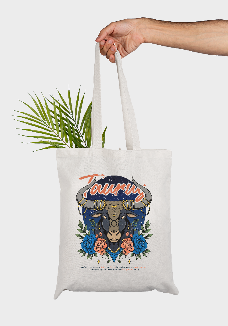 Taurus Zodiac Tote Bag – Bold Bull Astrology Design with Floral Accents