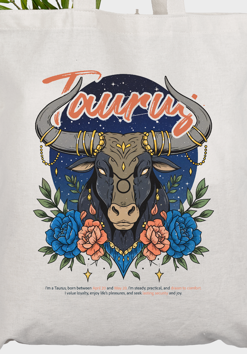 Taurus Zodiac Tote Bag – Bold Bull Astrology Design with Floral Accents
