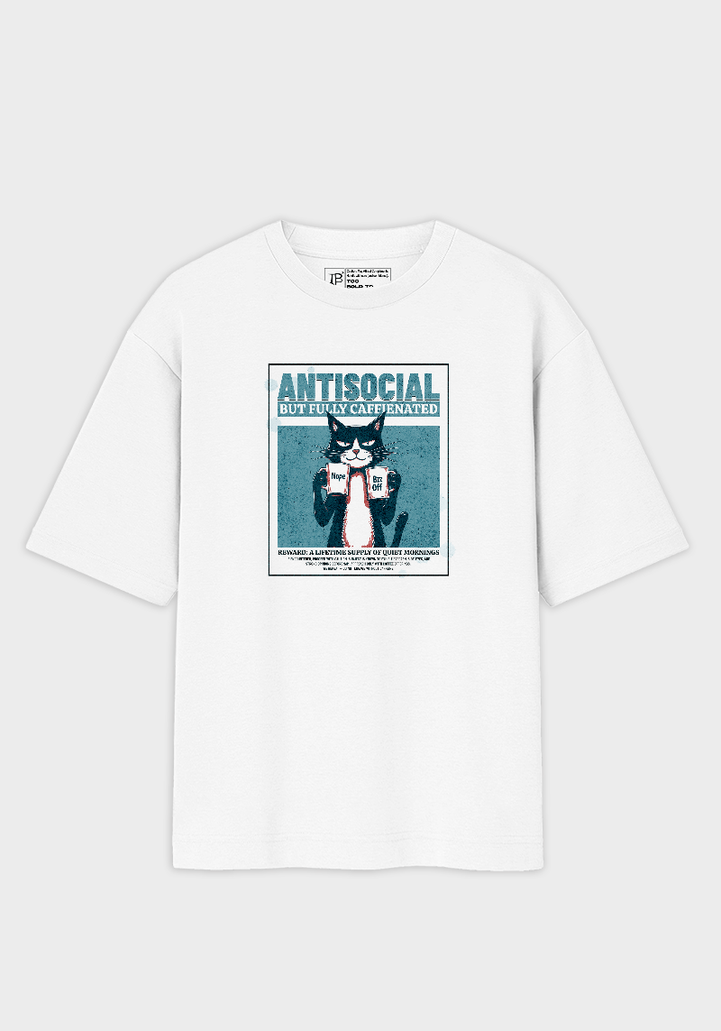 Antisocial But Fully Caffeinated Cat Graphic – Unisex Oversized T-Shirt