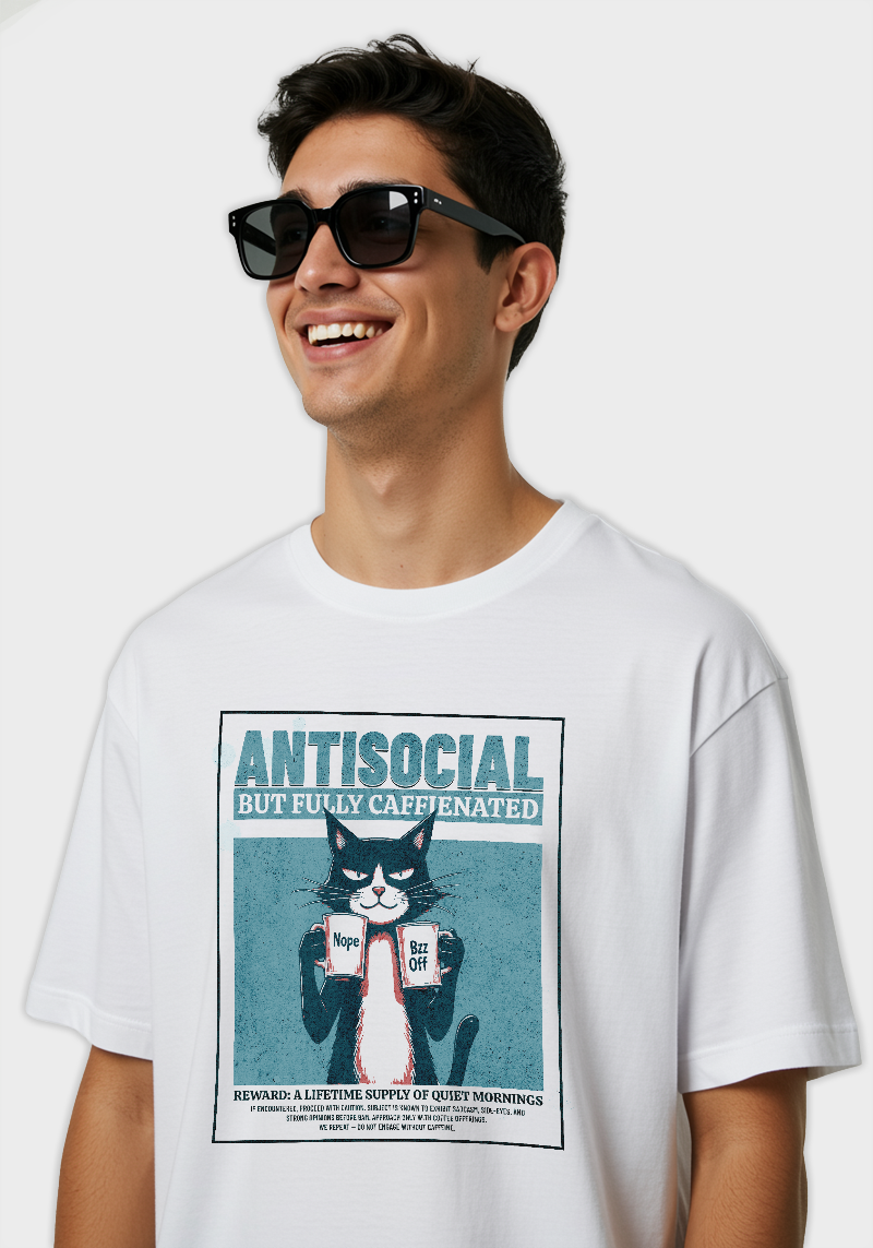 Antisocial But Fully Caffeinated Cat Graphic – Unisex Oversized T-Shirt