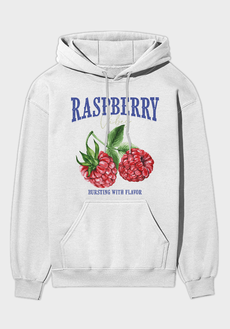 Raspberry Graphic Hoodie – Vintage Fruit Print, Cozy & Stylish