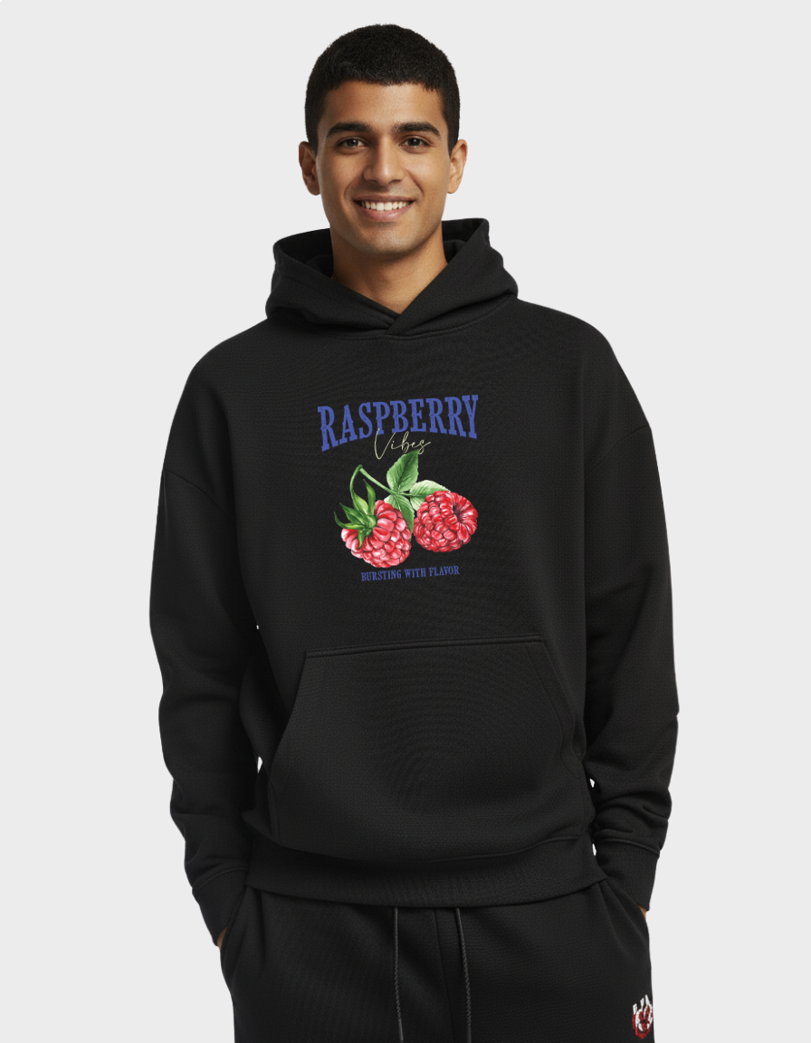 Raspberry Graphic Hoodie – Vintage Fruit Print, Cozy & Stylish