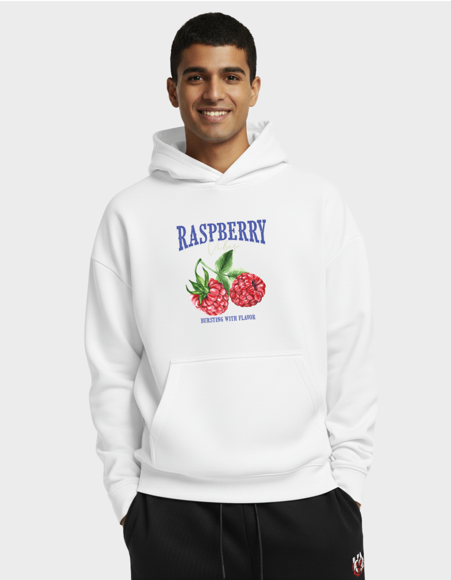 Raspberry Graphic Hoodie – Vintage Fruit Print, Cozy & Stylish
