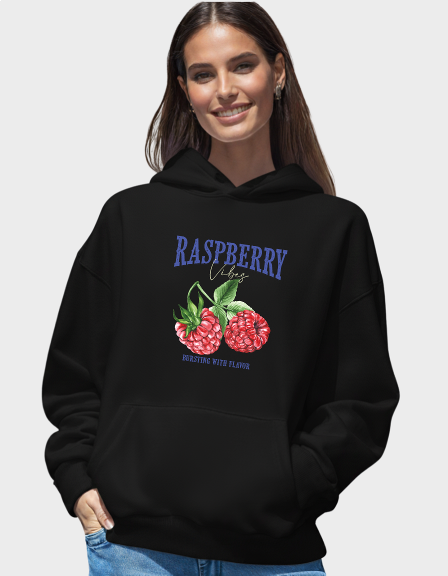 Raspberry Graphic Hoodie – Vintage Fruit Print, Cozy & Stylish