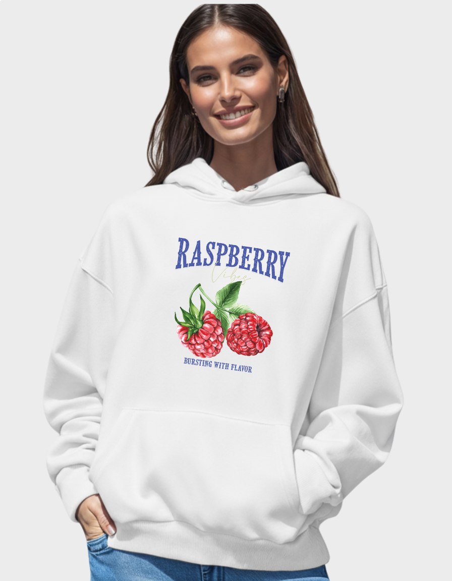 Raspberry Graphic Hoodie – Vintage Fruit Print, Cozy & Stylish