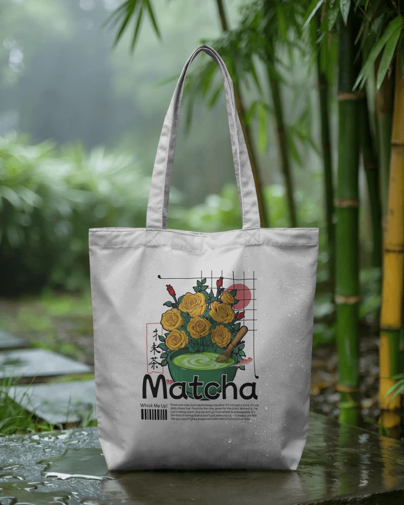 White Matcha Tote Bag – Japanese Floral Tea Art Shopper