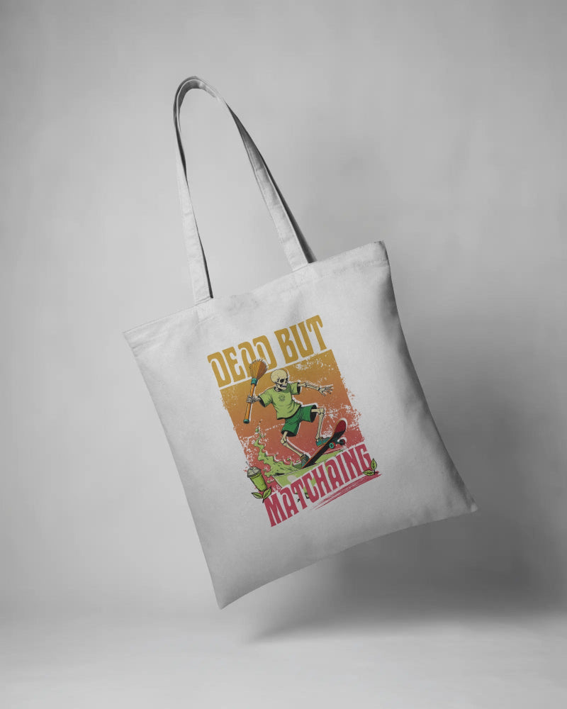 Dead But Matchaing Tote Bag – Cool Skeleton Skateboard Matcha Design