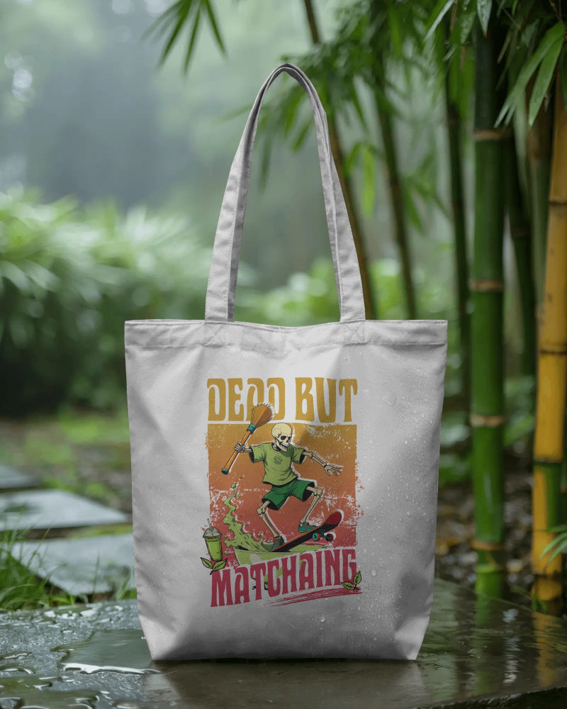 Dead But Matchaing Tote Bag – Cool Skeleton Skateboard Matcha Design
